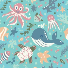 Fotobehang In de zee Cute underwater world with whale, turtle, octopus, algae and fish. Childish seamless vector pattern in flat style with blue-green colors. Print with wild ocean life. Design for fabric, wallpaper