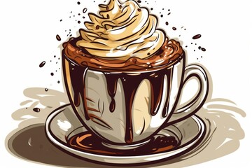 Cup of Coffee with Whipped Cream and Chocolate in cartoon style. AI generated