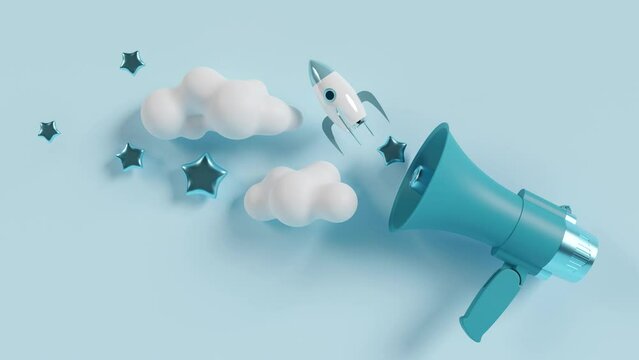 Blue megaphone with rocket, clouds and stars. It's a boy. Baby shower or boy birthday party. Baby boy birth announcement. 3D render.