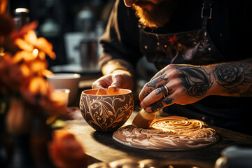 a skilled barista creating intricate latte art, adding a touch of creativity to each cup Generative AI