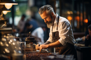 Obraz na płótnie Canvas a barista in the midst of preparing a coffee beverage, showcasing the skill and precision involved in the process Generative AI