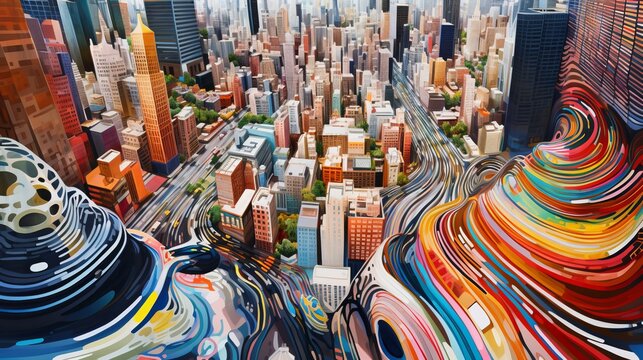 Aerial view of a surreal City with Skyscrapers and abstract swirly Colors. Created with generative AI. 