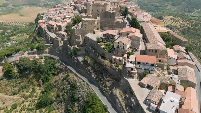 Panoramic view of Santa Severina town. This small medieval village in the province of Crotone, in Calabria, is one of the most beautiful villages in Italy.