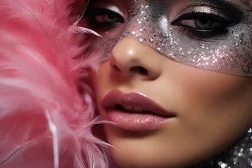 Tuinposter mysterious girl in a pink mask on her face generative ai © Fukume
