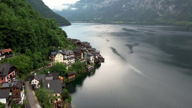 Drone video of Hallstatt, a mesmerizing village with lake nestled amid the Austrian Alps 