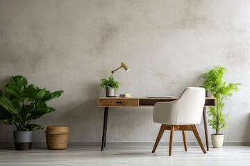 Plants adorn a home office featuring a traditional chair placed at a white desk, set against a concrete wall. - Powered by Adobe