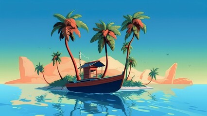 Obraz premium illustration of a tropical island with palm trees and a wooden boat