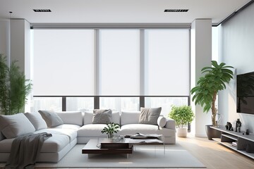 Interior roller blinds are installed in the living room, featuring white colored roller shades on...