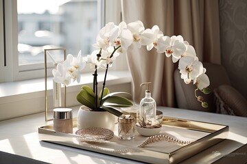 On the table near the white wall, you will find an exquisite orchid flower alongside a tray adorned...