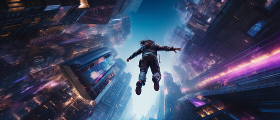 BASE jumper leaping from an urban skyscraper at night, neon - lit cityscape, cyberpunk aesthetics, ultra - wide lens perspective