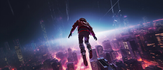 BASE jumper leaping from an urban skyscraper at night, neon - lit cityscape, cyberpunk aesthetics,...