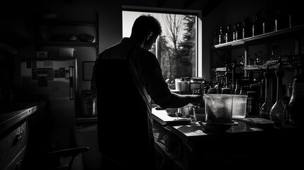 Enigmatic silhouette of a homebrewer at work, backlit with strong contrast, black and white