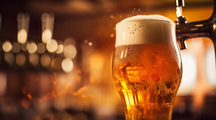 golden liquid pouring from a homebrew beer tap into a frosty pint glass, bokeh background showcasing the rustic brewing equipment