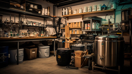 homebrewing setup in a garage, detailed look at various equipment, from fermenters to bottles