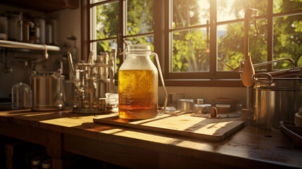 a homebrew setup in a rustic kitchen, amber liquid in a glass carboy, sunlight streaming through a window onto a wooden table filled with brewing tools