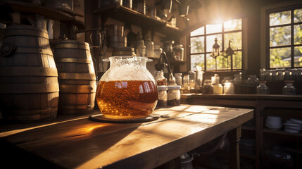 a homebrew setup in a rustic kitchen, amber liquid in a glass carboy, sunlight streaming through a window onto a wooden table filled with brewing tools