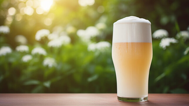 a pint of homemade beer, creamy foam, abstract beer garden background, warm summer evening atmosphere