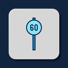 Filled outline Speed limit traffic sign 60 km icon isolated on blue background. Vector