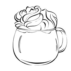 coffee cup with whipped cream simple line sketch. isolated monochrome illustration for menu, logo or print 