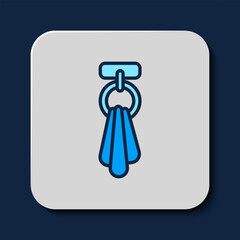 Filled outline Towel on a hanger icon isolated on blue background. Bathroom towel icon. Vector