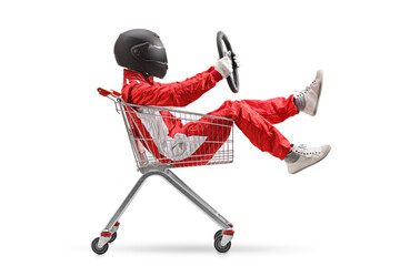 Racer holding a steering wheel and sitting inside a shopping cart