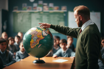 geography teacher teaches a lesson to children. generative ai
