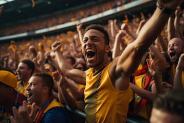 Fototapeta na wymiar football fans in the stands in yellow t-shirts generative ai