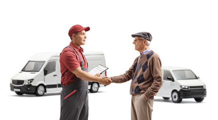 Worker with a van shaking hands with a senior man