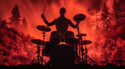 Naklejka premium epic silhouette rock drummer on drums in a dark red background generative ai