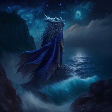 Beneath a starry night sky, a mythical creature in a shimmering blue cloak stands on a rocky cliff overlooking a turbulent sea. The cloak is adorned with swirling waves, symbolizing the creature's aff