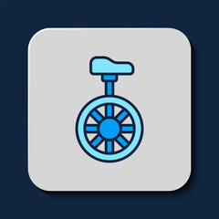 Filled outline Unicycle or one wheel bicycle icon isolated on blue background. Monowheel bicycle. Vector © Kostiantyn