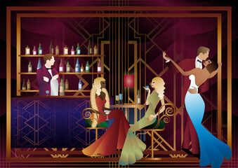 People are having fun, sitting and drinking, couples are dancing. Bartender at the bar. Art Deco