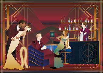 People are having fun, sitting and drinking, couples are dancing. Bartender at the bar. Art Deco