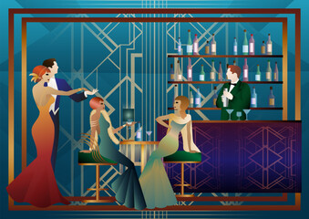 People are having fun, sitting and drinking, couples are dancing. Bartender at the bar. Art Deco