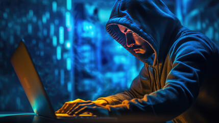 A photo showcases a hacker in a hoodie attempting to breach a digital barrier