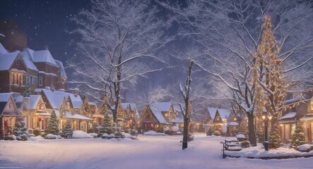 Snowy christmas town by night. Village with American traditional christmas decoration. Generative AI.