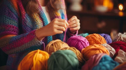 Fototapeten A cozy scene of hands skillfully knitting a warm scarf with colorful yarn  © Наталья Евтехова