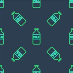 Line Closed glass bottle with milk icon isolated seamless pattern on blue background. Vector