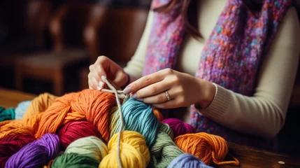 Zelfklevend Fotobehang A cozy scene of hands skillfully knitting a warm scarf with colorful yarn  © Наталья Евтехова