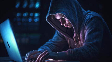 A photo showcases a hacker in a hoodie attempting to breach a digital barrier