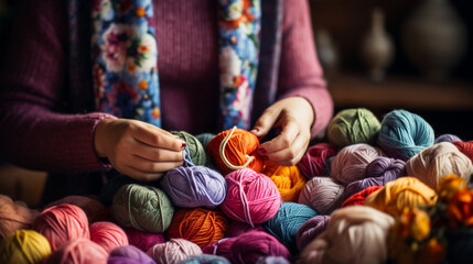 A cozy scene of hands skillfully knitting a warm scarf with colorful yarn 