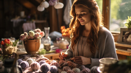 A knitter surrounded by balls of yarn, enjoying the creative process in a sunlit room 