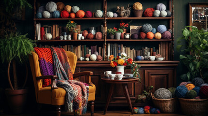 A vintage knitting corner with antique knitting tools and retro pattern books 