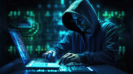 A photo showcases a hacker in a hoodie attempting to breach a digital barrier