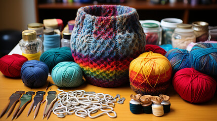 A creative montage of various knitting projects in different stages of completion 