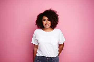 mockup: plus size black young woman smiling with blank white t-shirt on a pastel pink background, studio shot