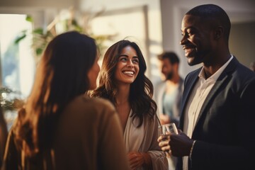 A candid photo of diverse multiethnic people dressed up for a celebration cheerfully talking to each other. Real estate showcase. Party. After-work get-together. Generative AI technology