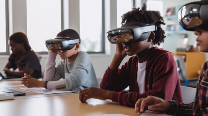Group of students wearing VR goggles in class. Photo of a diverse group of students participating in a virtual class, engaging with AR educational content