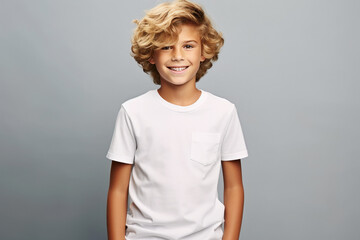 mockup: young boy smiling with blank white t-shirt , modern hair on a neutral background, studio shot