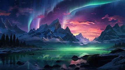 Fototapete Nordeuropa Northern lights, aurora borealis in the night sky over frozen lake